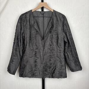 Eileen Fisher Bindu Silk Ripple Jacket Womens Medium Black Hook Closure Timeless
